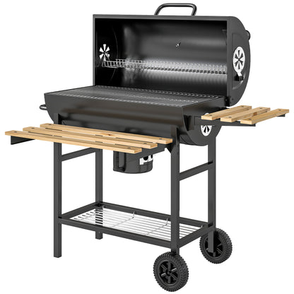 Charcoal Grill, Barrel BBQ Smoker with Warming Rack, Charcoal BBQ Grill with Foldable Shelves, Natural Wood and Black