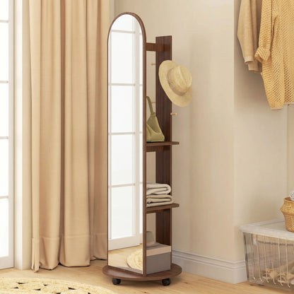 2-in-1 Full Length Mirror with Storage Shelves, Floor Mirror with 4 Wheels, Coat Rack, Hooks, Brown Wood Effect