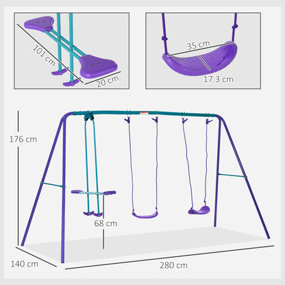 Metal Swing Set, with Seesaw, Adjustable Height, for Ages 3+ Years, Purple