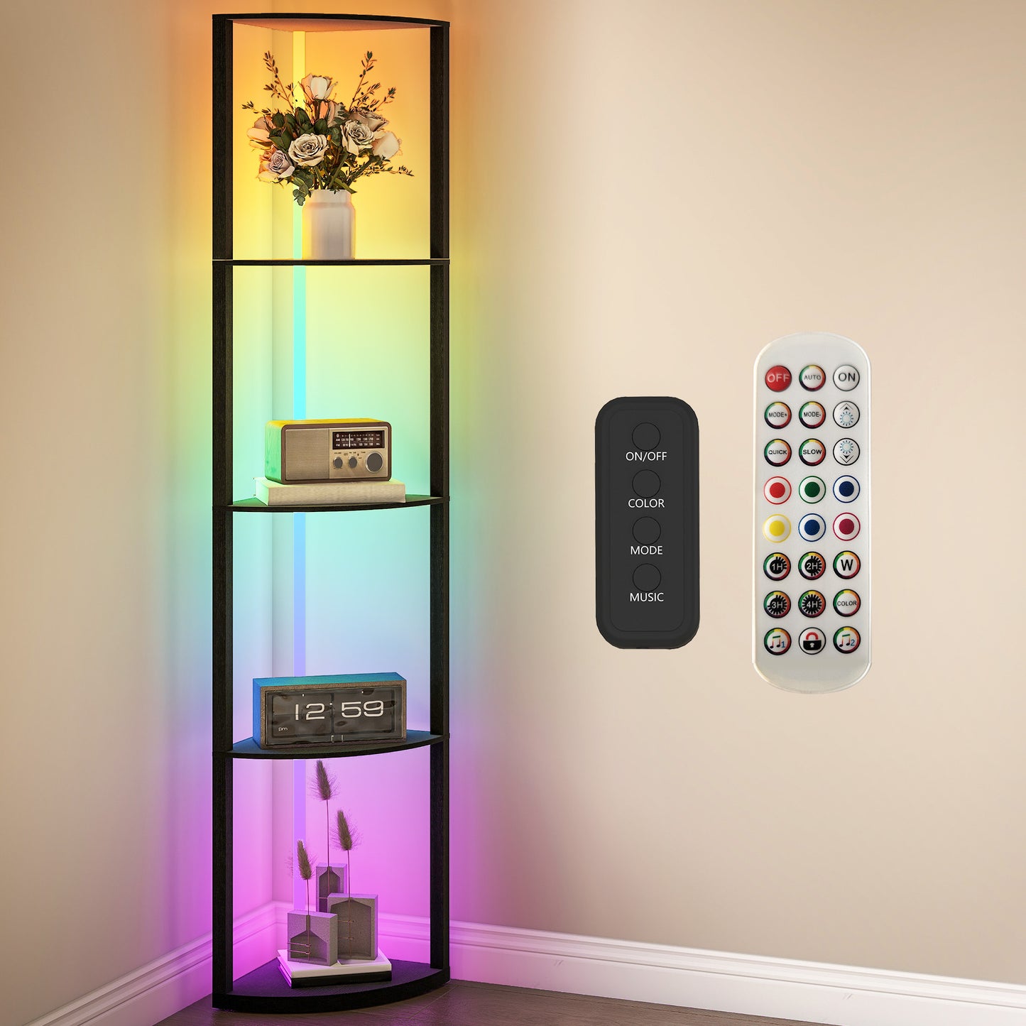 RGB LED Floor Lamp with Shelves, 4-Tier Dimmable Standing Lamp with Remote Control, Black