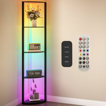 RGB LED Floor Lamp with Shelves, 4-Tier Dimmable Standing Lamp with Remote Control, Black