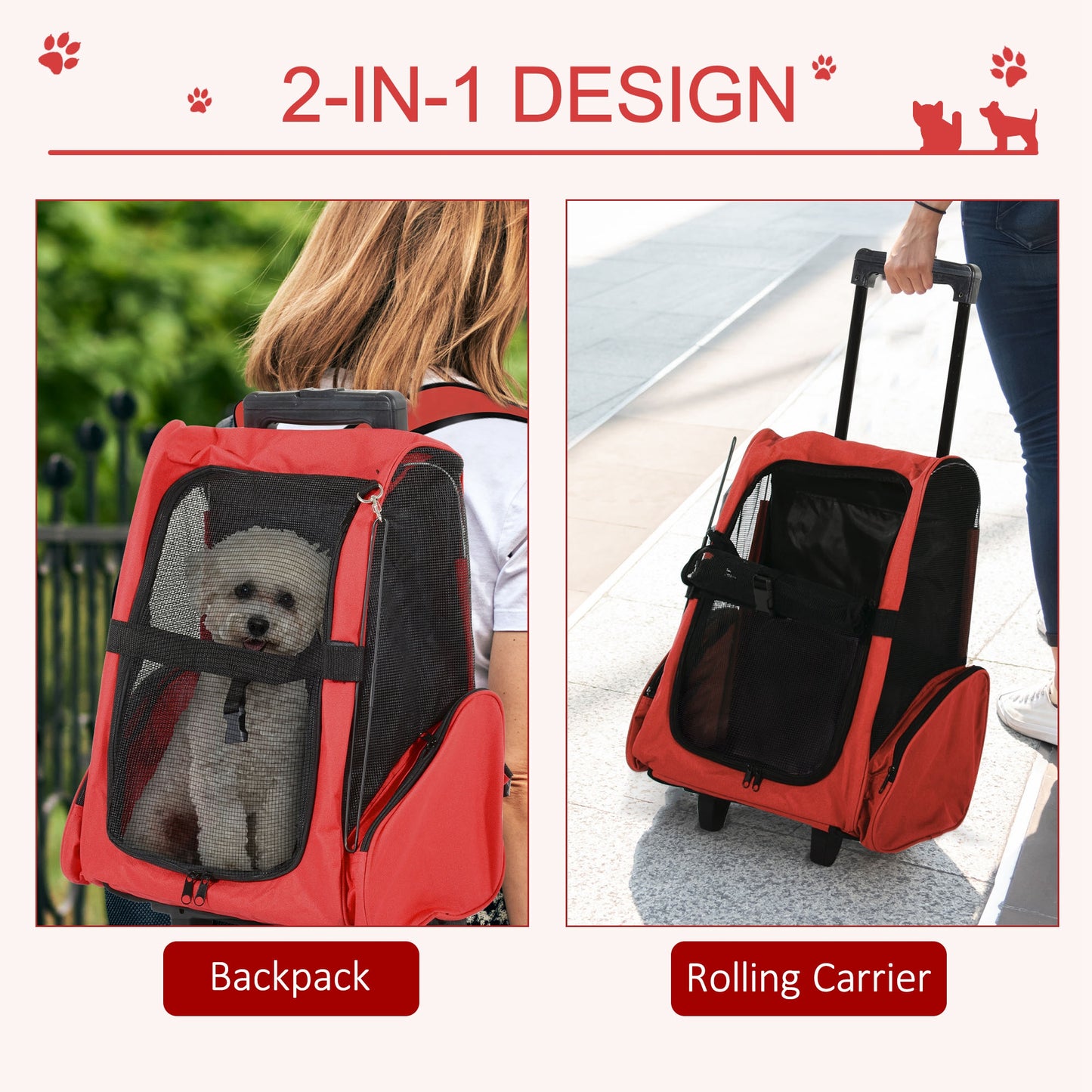 2 in 1 Dog Backpack and Trolley, Pet Travel Backpack Cat Dog Carrier with Telescopic Handle