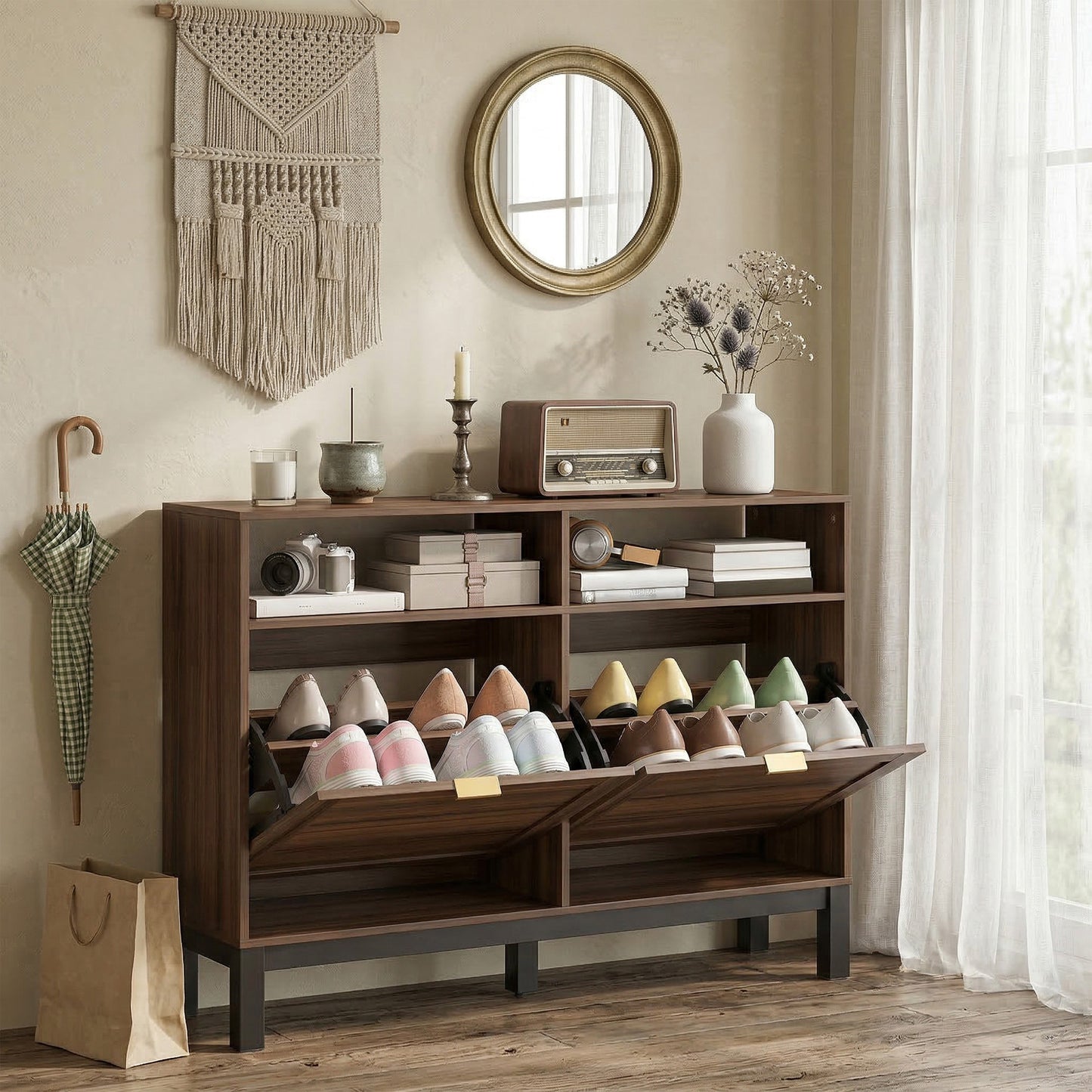 Shoe Cabinet with 2 Flip Drawers, Narrow Shoe Storage Top for Entryway Hallway, Rustic Brown
