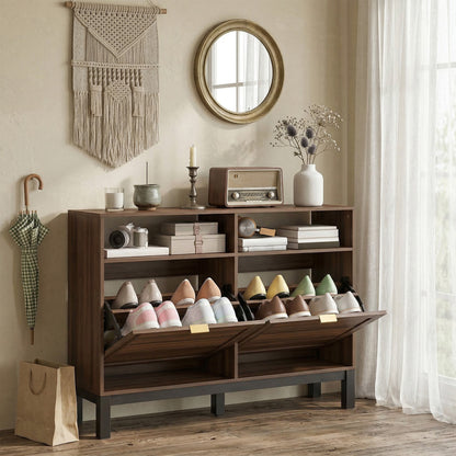 Shoe Cabinet with 2 Flip Drawers, Narrow Shoe Storage Top for Entryway Hallway, Rustic Brown