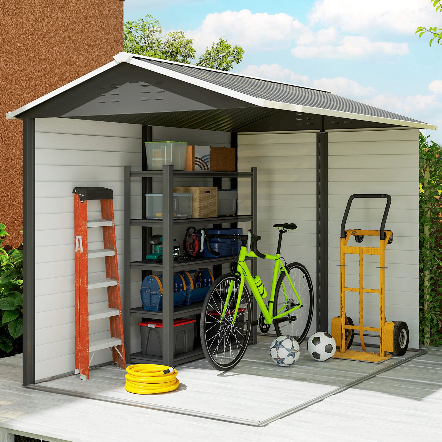 9x 6FT Metal Outdoor Garden Shed, Galvanised Tool Storage Shed w/ Sloped Roof, Lockable Door for Patio Lawn, Dark Grey