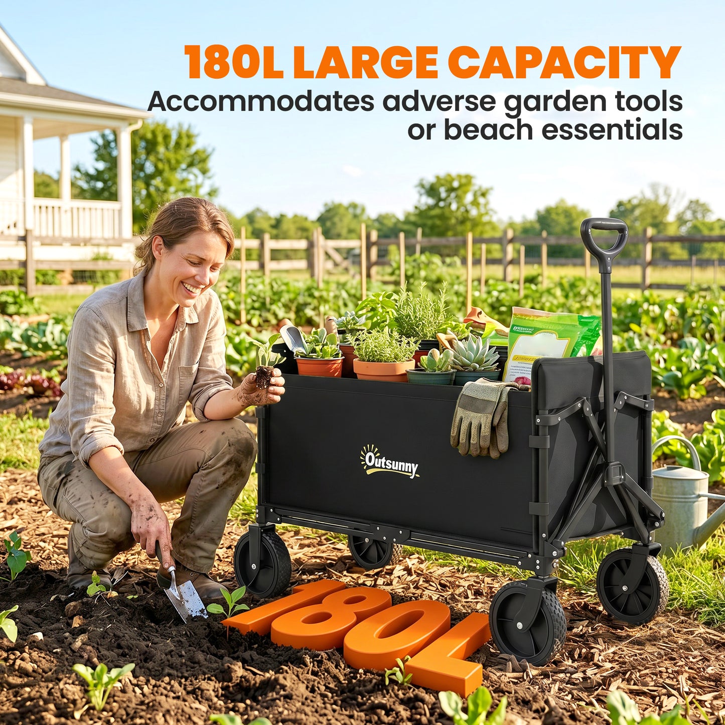 180L Festival Trolley on Wheels, Folding Compact Camping Trolley Cart with Adjustable Handle, 120 KG Capacity for Garden