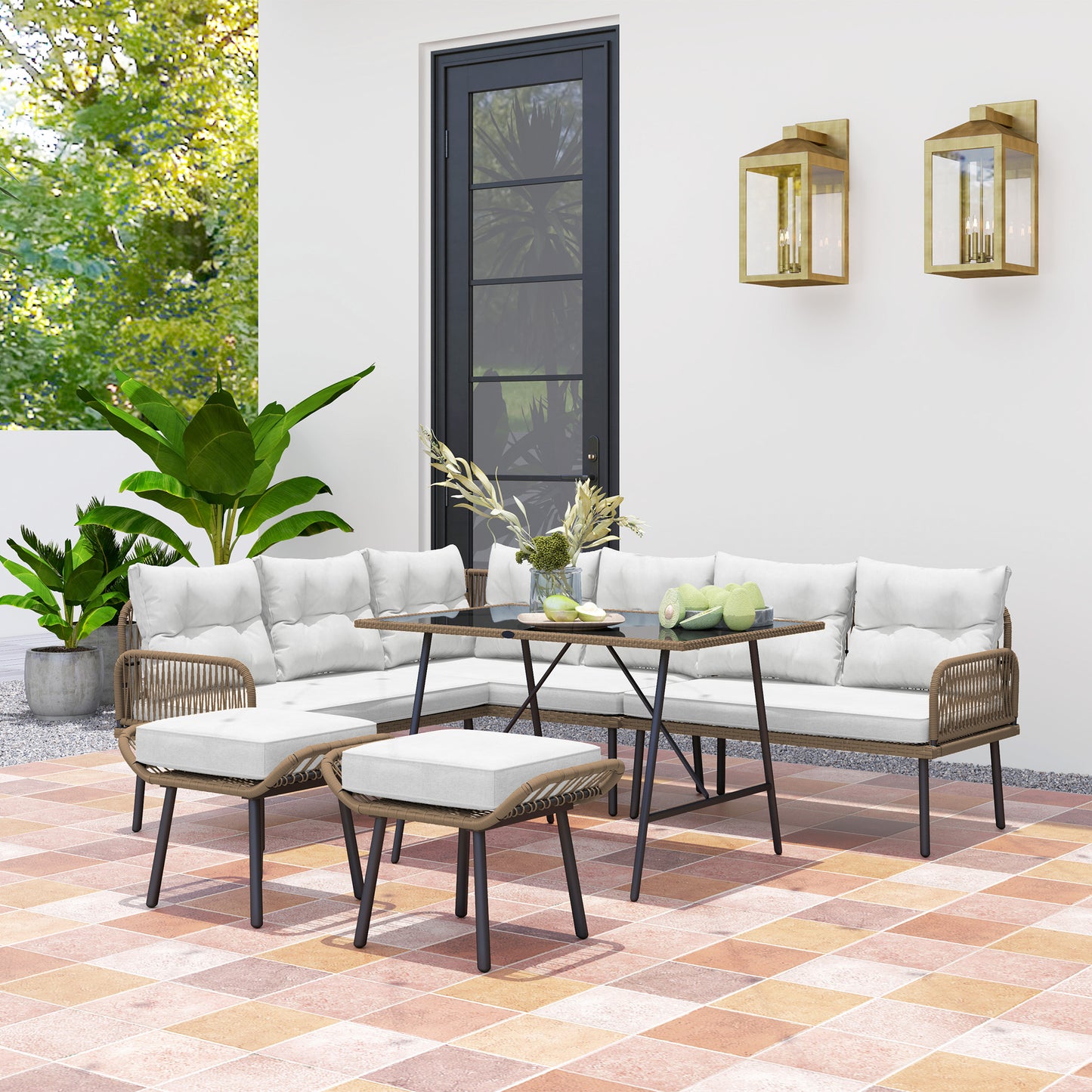 6 Piece Rattan Garden Furniture Set, 8 Seater Garden Corner Sofa with Cushions and Glass Top Table