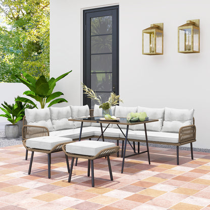 6 Piece Rattan Garden Furniture Set, 8 Seater Garden Corner Sofa with Cushions and Glass Top Table