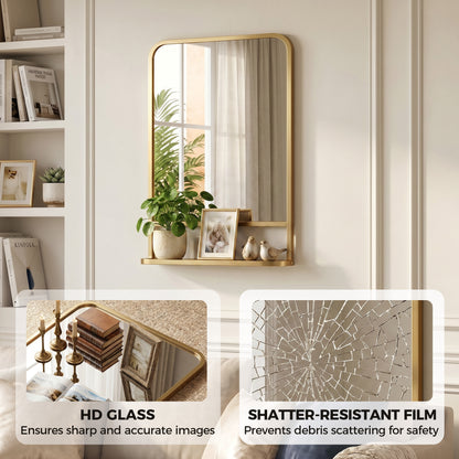 Modern Rectangular Wall Mirror with Storage Shelf, 70 x 50 cm, Gold Tone