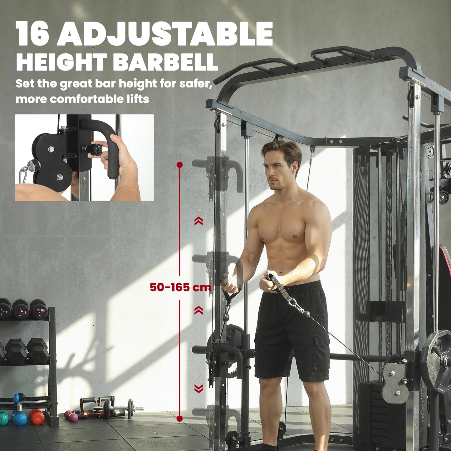 Home Multi Gym Smith Machine with 65kg Weight Stack, Cable Pulley System, Chest Station, Preacher Pad & Leg Developer