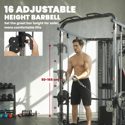 Home Multi Gym Smith Machine with 65kg Weight Stack, Cable Pulley System, Chest Station, Preacher Pad & Leg Developer