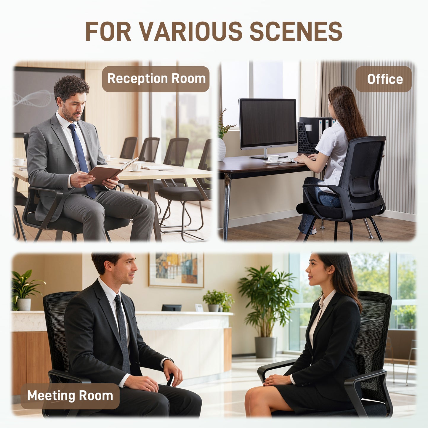 Desk Chair No Wheels, Office Chair with Mesh Back, Lumbar Support, Metal Base for Waiting Room, Conference Room, Black