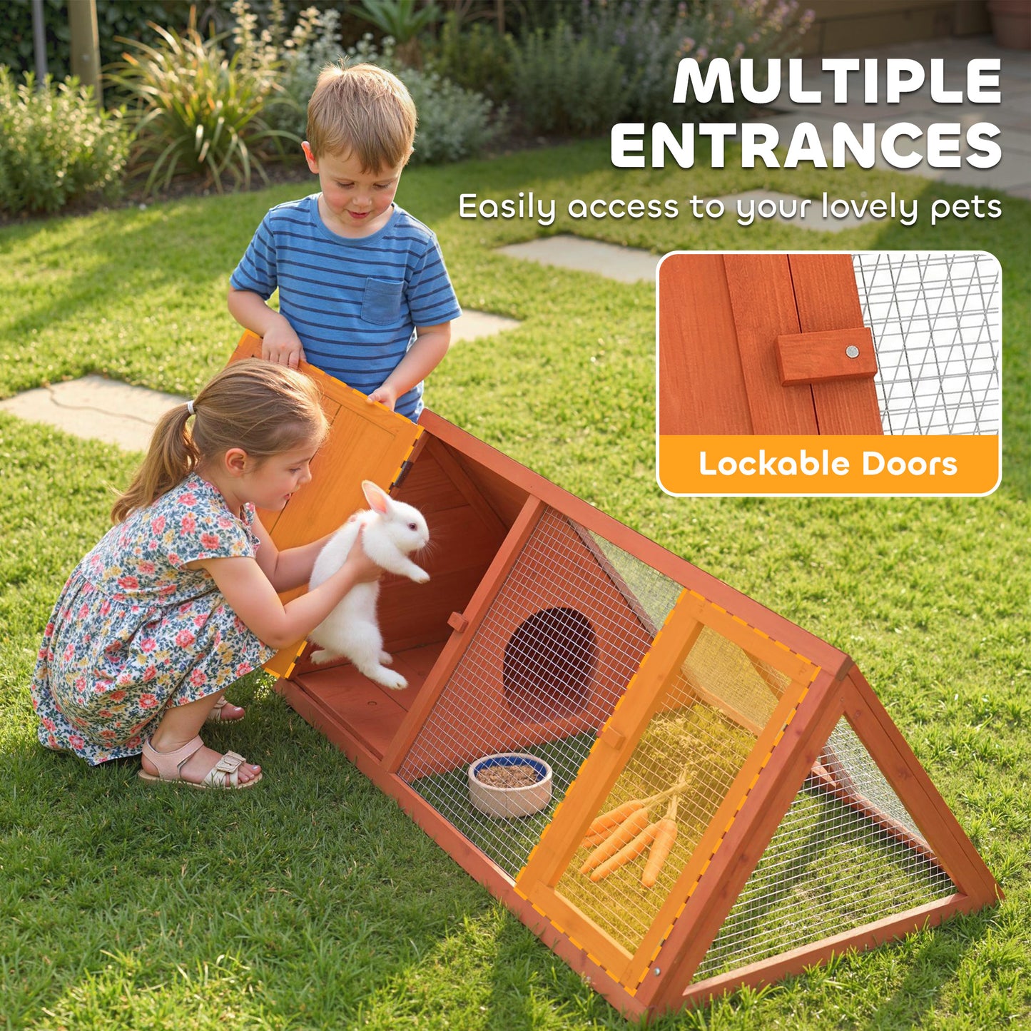Rabbit Hutch, Wooden Guinea Pig Hutch with Run and Doors, Outdoor Triangle Bunny House for Rabbits,Duck and Chicken