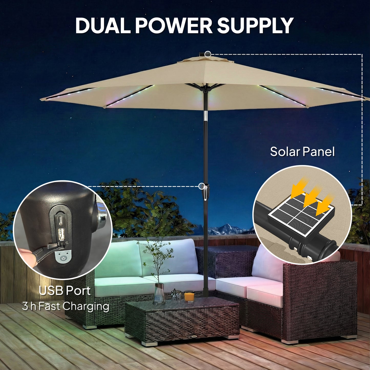 3 m Garden Parasol Umbrella with 112 Solar Powered LED Lights, Patio Umbrella with Crank Handle, Beige