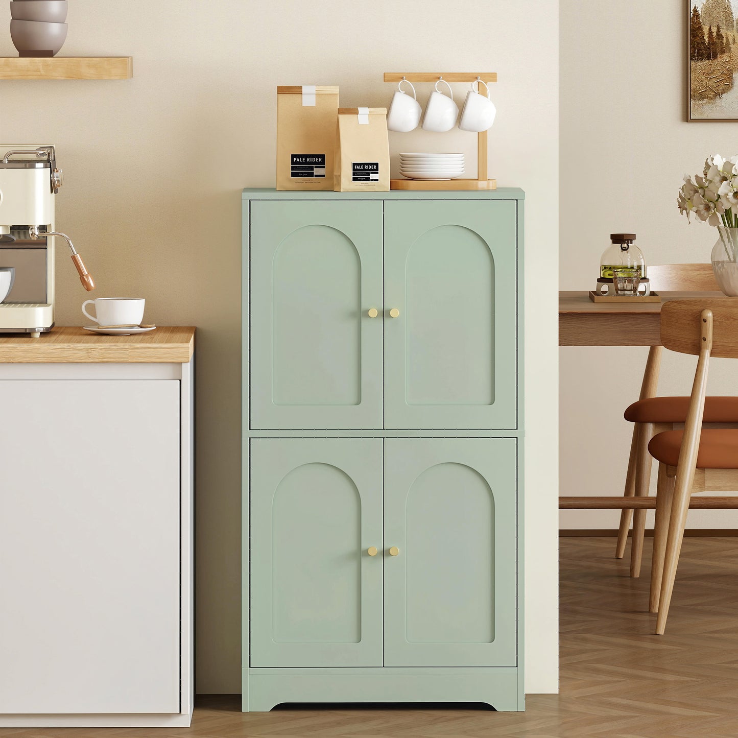 4-Door Kitchen Storage Cabinet with Adjustable Shelves - Green