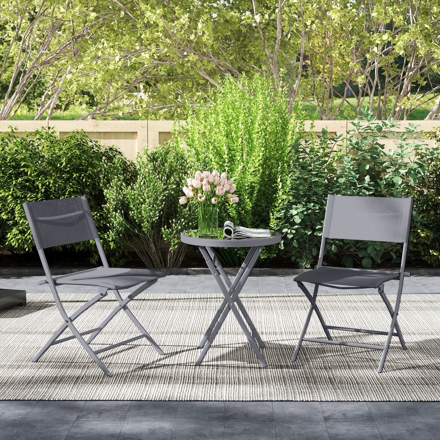 3 Pieces Outdoor Bistro Set, Glass Top Outdoor Table and 2 Folding Chairs with Protecting Feet, Grey