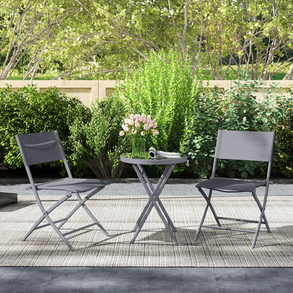 3 Pieces Outdoor Bistro Set, Glass Top Outdoor Table and 2 Folding Chairs with Protecting Feet, Grey
