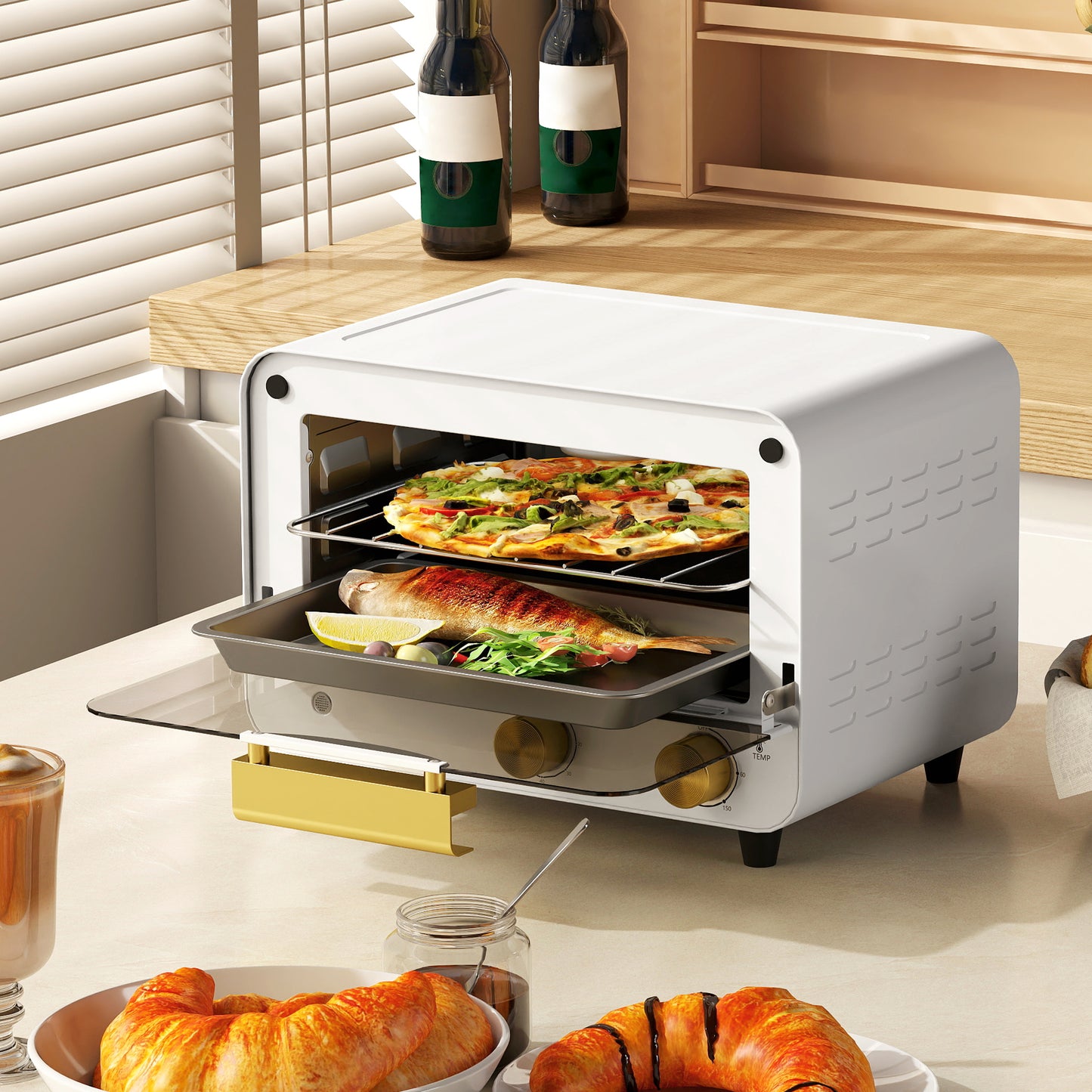Small Toaster Oven, 12L Multifunction Mini Countertop Oven with Glass Door, Adjustable Temperature and Timer, White