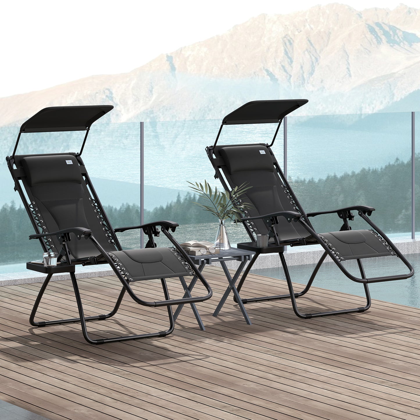 Zero Gravity Lounger Chair Set of 2, Folding Reclining Patio Chair with Shade Cover, Padded Seat, Cup Holder