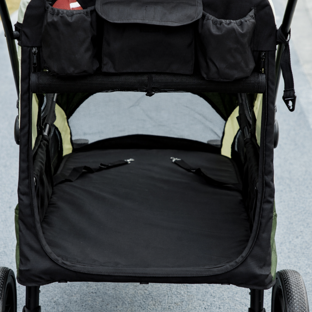 Foldable Pet Stroller for Medium Dogs with Four Big Wheels, Shock-Absorbing Frame, Safety Leashes, Brakes, Dark Green