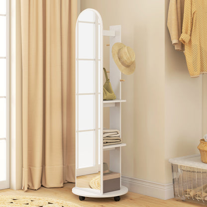 2-in-1 Full Length Mirror with Storage Shelves, Floor Mirror with 4 Wheels, Coat Rack, Hooks, White