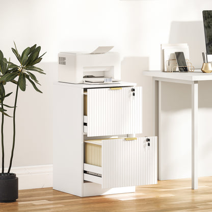 Filing Cabinet, Fluted Vertical File Cabinet with 2 Lockable Drawers and Hanging Rails, White