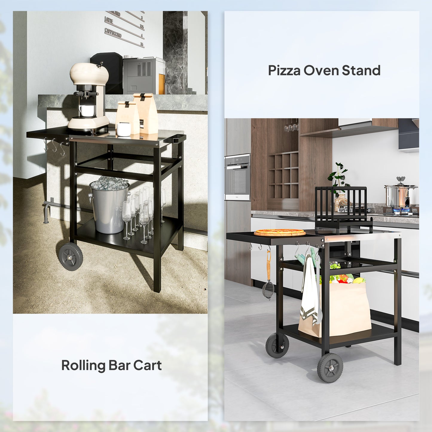 BBQ Trolley with Stainless Steel Top and Foldable Side Table, Outdoor Kitchen Barbecue Station with Hooks and Shelf