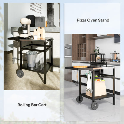 BBQ Trolley with Stainless Steel Top and Foldable Side Table, Outdoor Kitchen Barbecue Station with Hooks and Shelf