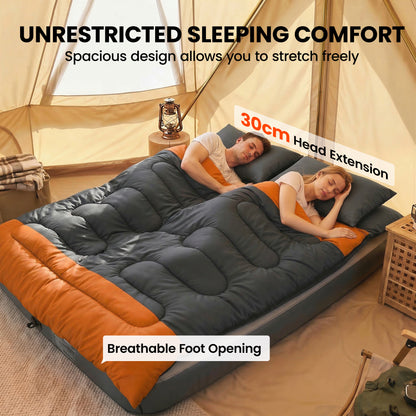Double Sleeping Bag with 2 Pillows, 220 x 160 cm Extra-Large Sleeping Bag for Adults, Grey and Orange
