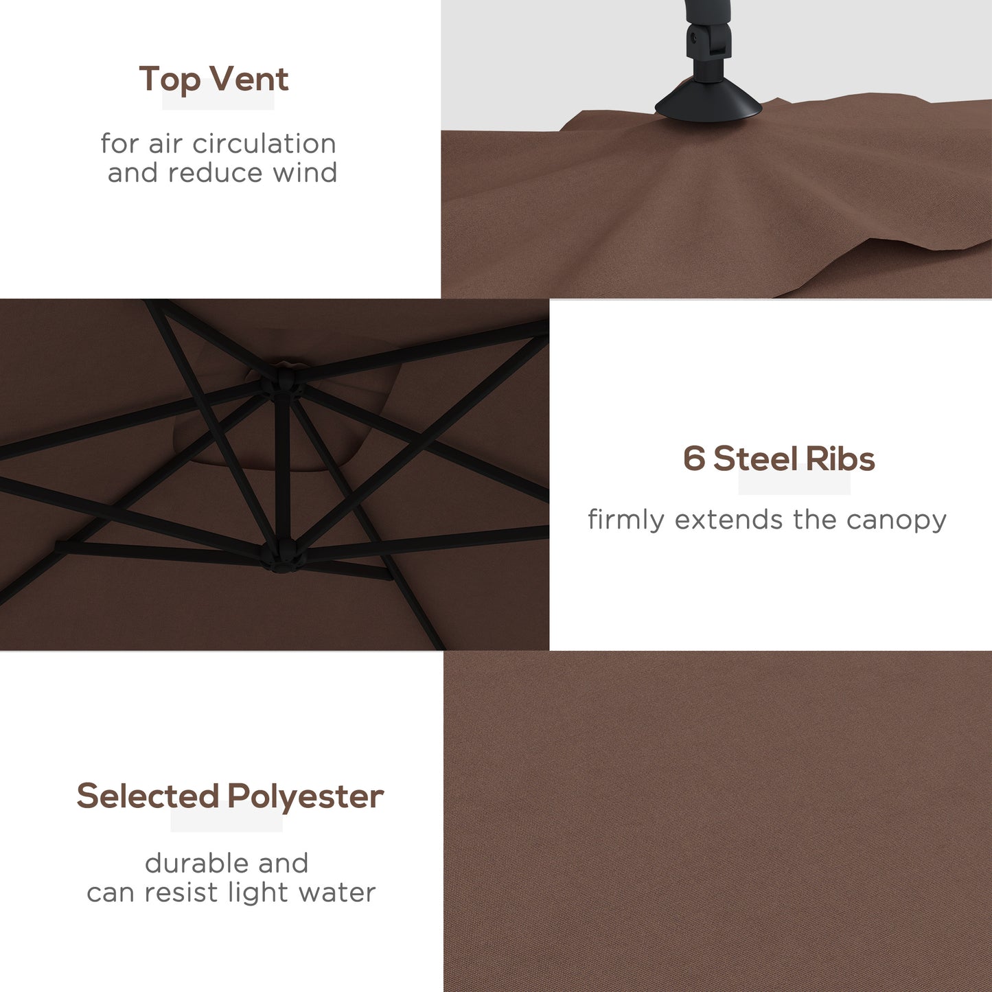 3m Square Canopy Cantilever Parasol, with Cross Base - Brown