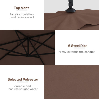 3m Square Canopy Cantilever Parasol, with Cross Base - Brown