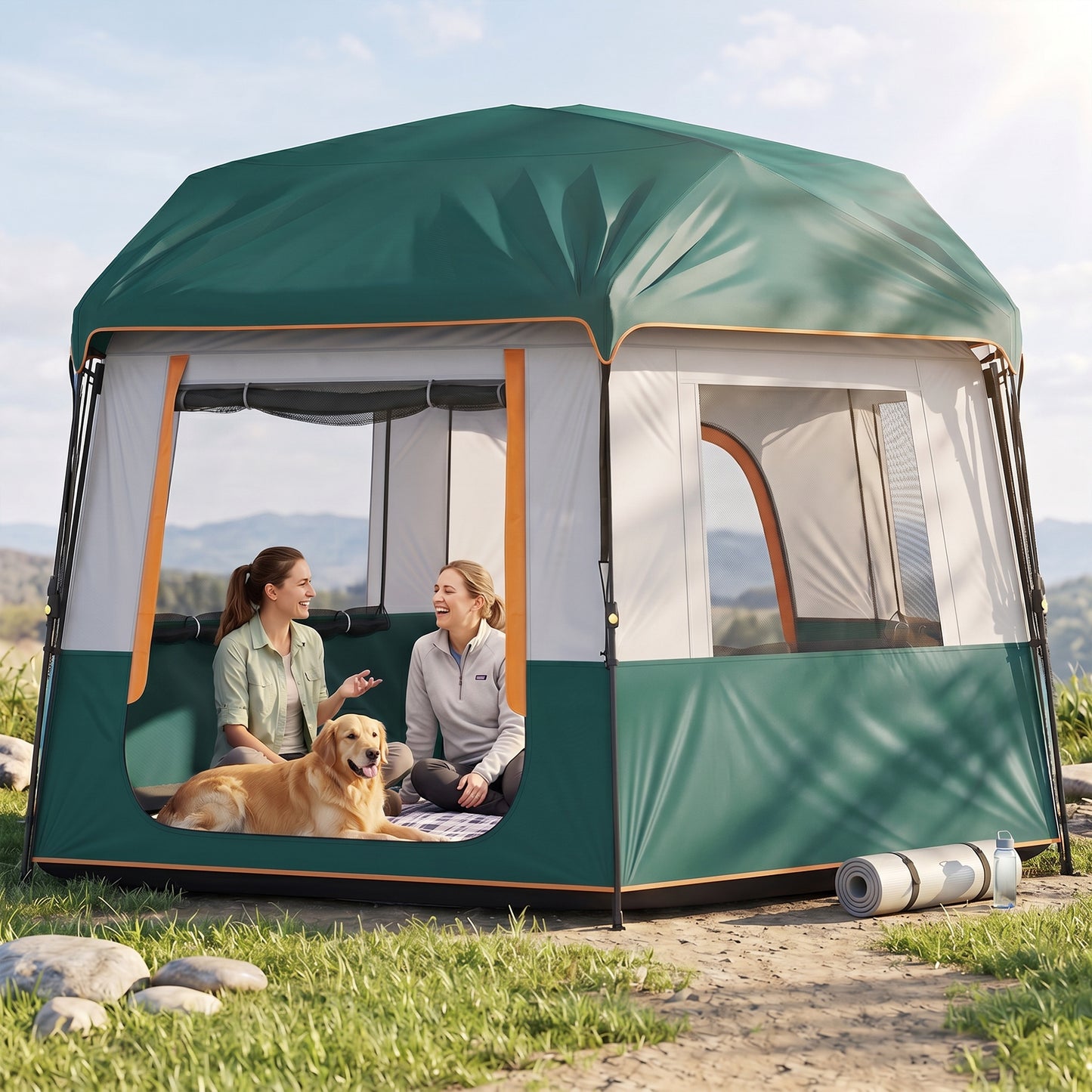 Cabin Tent Easy Setup 3000mm Waterproof Camping Tent 4 Person with Carrying Bag Green