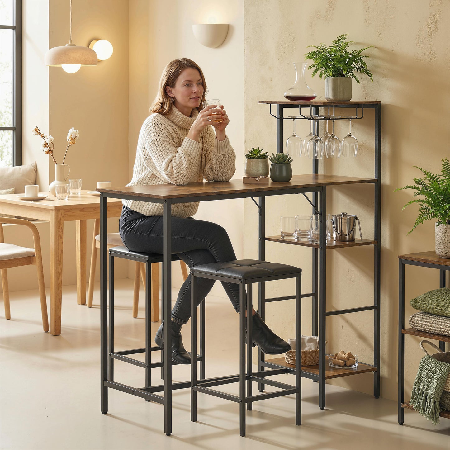 3 Piece Breakfast Bar Table and Stools Set, Rustic Brown