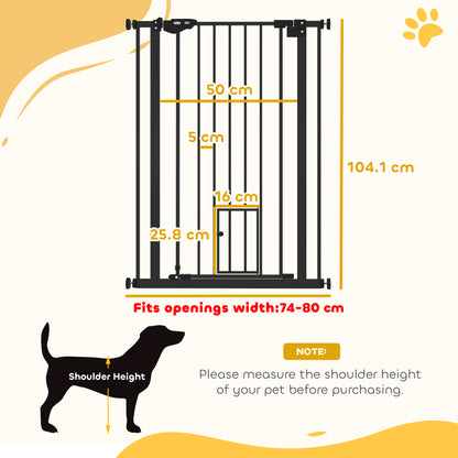Extra Tall Pet Gate, Indoor Dog Safety Gate, with Cat Flap, Auto Close, 74-80cm Wide - Black