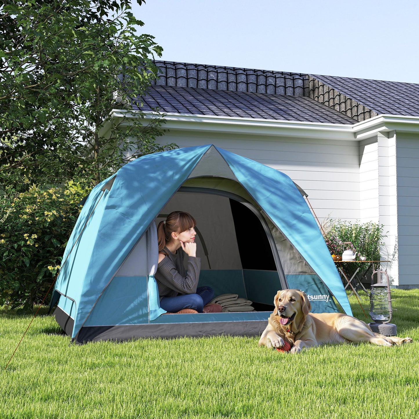 3-4 Person Camping Tent, Easy Set Up Waterproof Dome Tent with Sewn-in Groundsheet, Mesh Windows