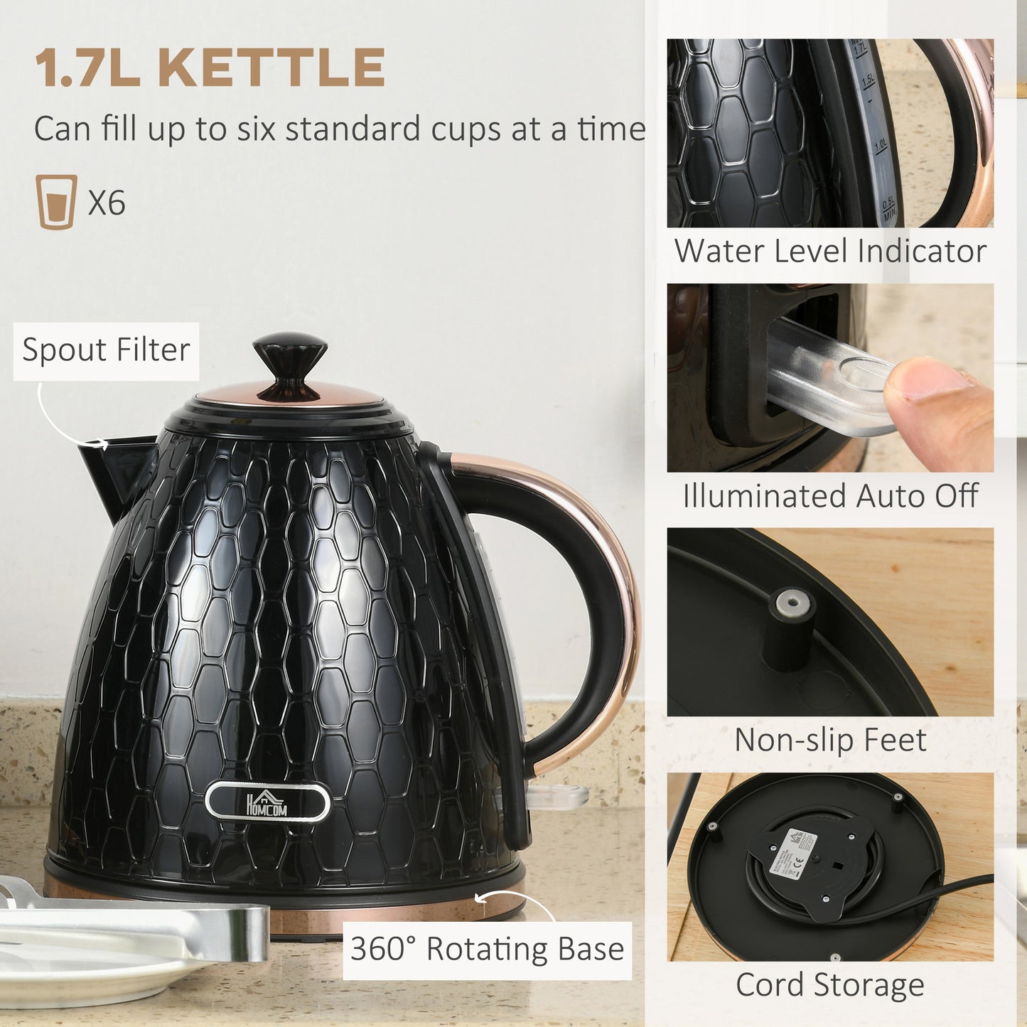 1.7L 3000W Fast Boil Kettle & 2 Slice Toaster Set, Kettle and Toaster Set with Auto Shut Off, Browning Controls, Black