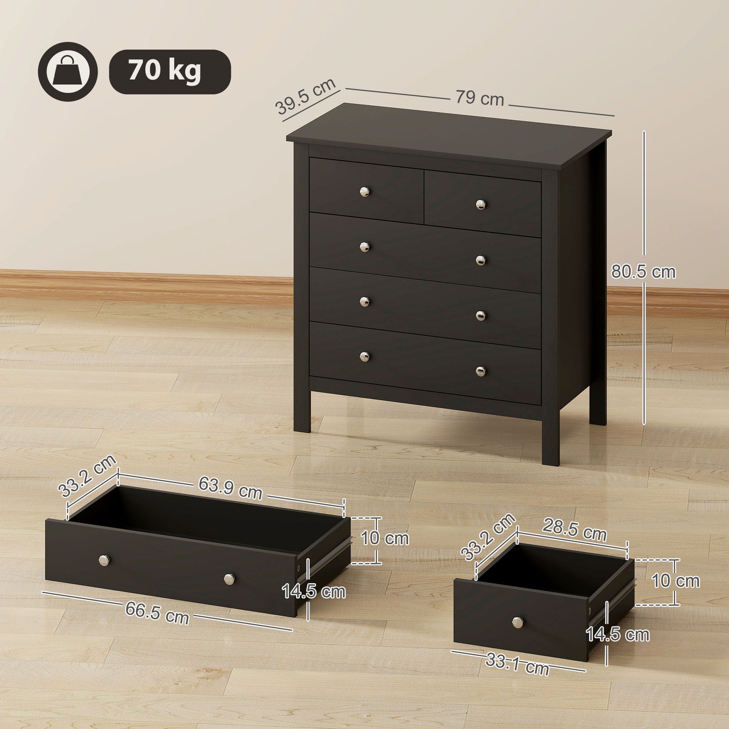 5 Drawer Dresser for Bedroom, Modern Chest of Drawers, Wide Storage Unit for Living Room, Hallway, Black