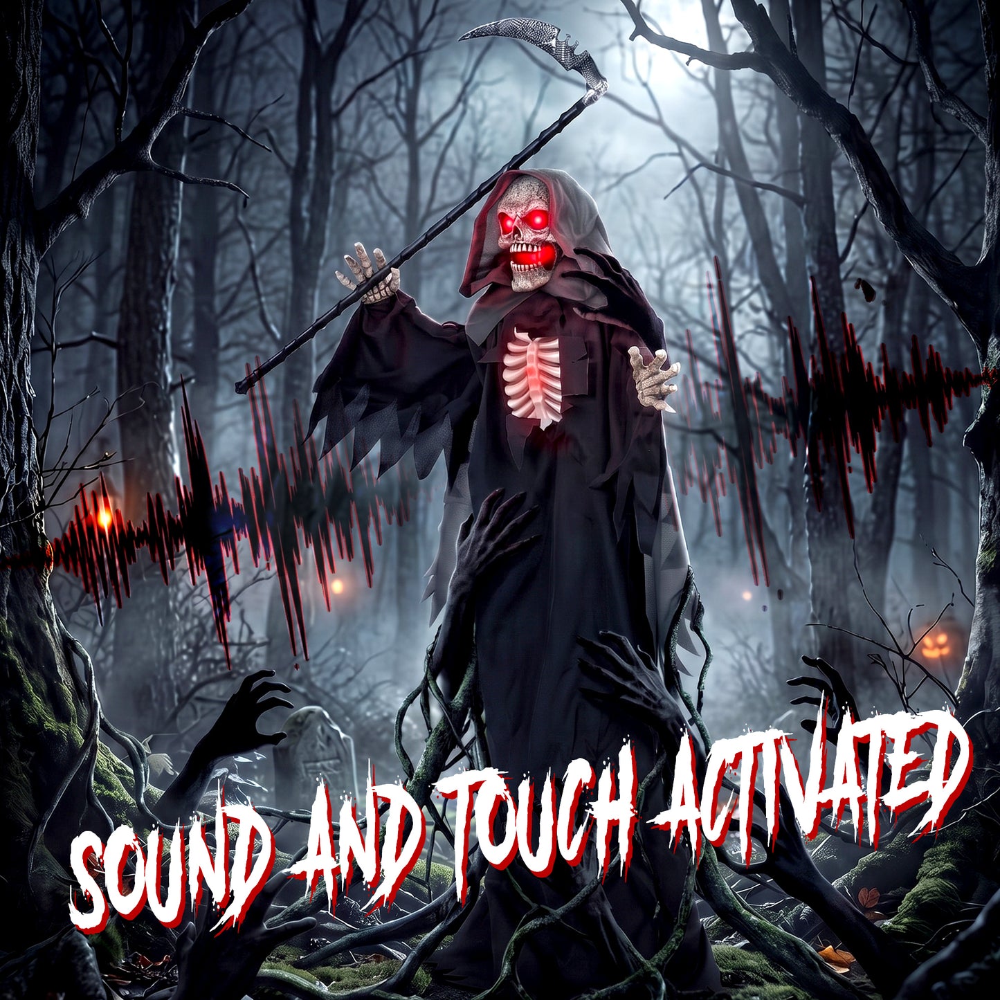 170cm Life Size Animated Grim Reaper Halloween Decoration, Scary Halloween Animatronics Decor with Sound Touch Activated