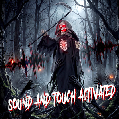 170cm Life Size Animated Grim Reaper Halloween Decoration, Scary Halloween Animatronics Decor with Sound Touch Activated