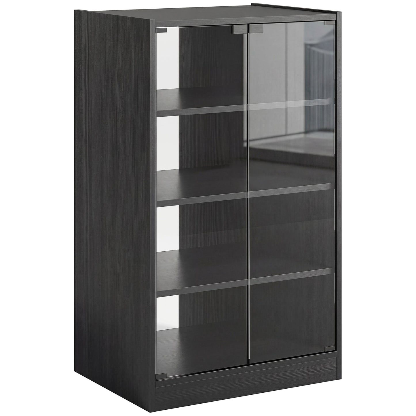 4-Tier Hi-Fi Stand, Record Player Stand with Adjustable Shelves and Push-to-Open Glass Doors, Black Wood-Effect