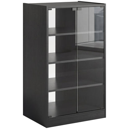 4-Tier Hi-Fi Stand, Record Player Stand with Adjustable Shelves and Push-to-Open Glass Doors, Black Wood-Effect