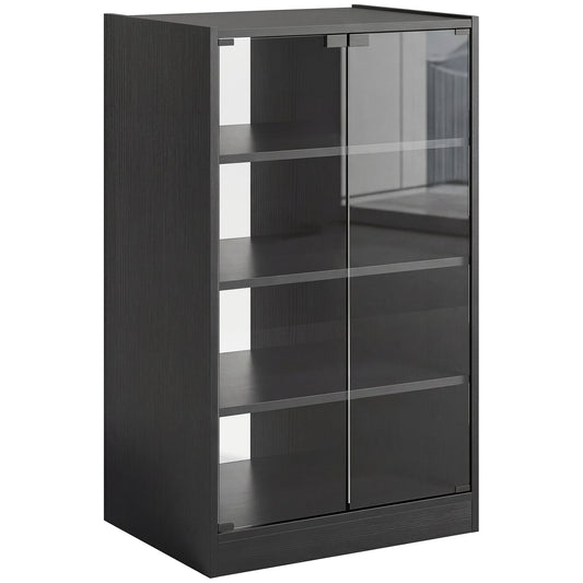 4-Tier Hi-Fi Stand, Record Player Stand with Adjustable Shelves and Push-to-Open Glass Doors, Black Wood-Effect