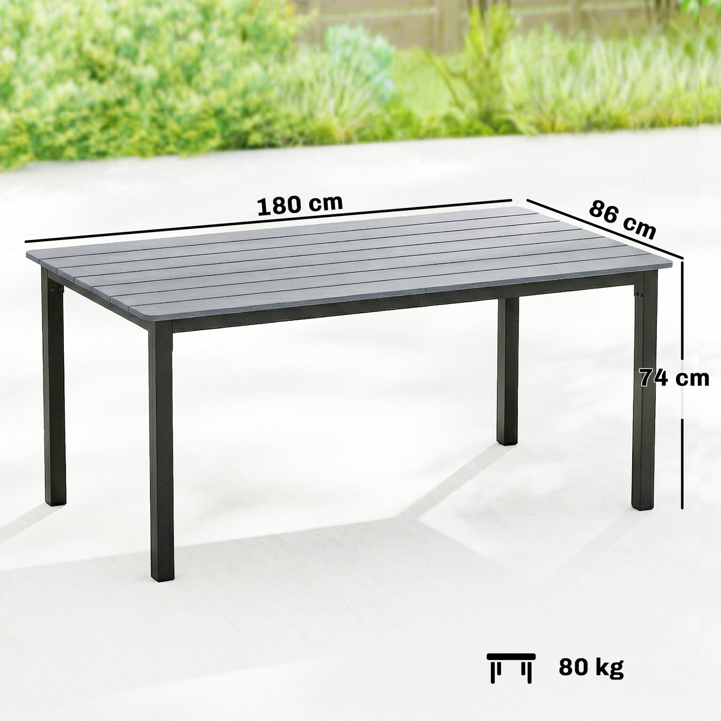 Garden Dining Table for 6-8 Person, 180 x 86 cm Rectangular Outdoor Dining Table with Wood Slatted Top, Grey