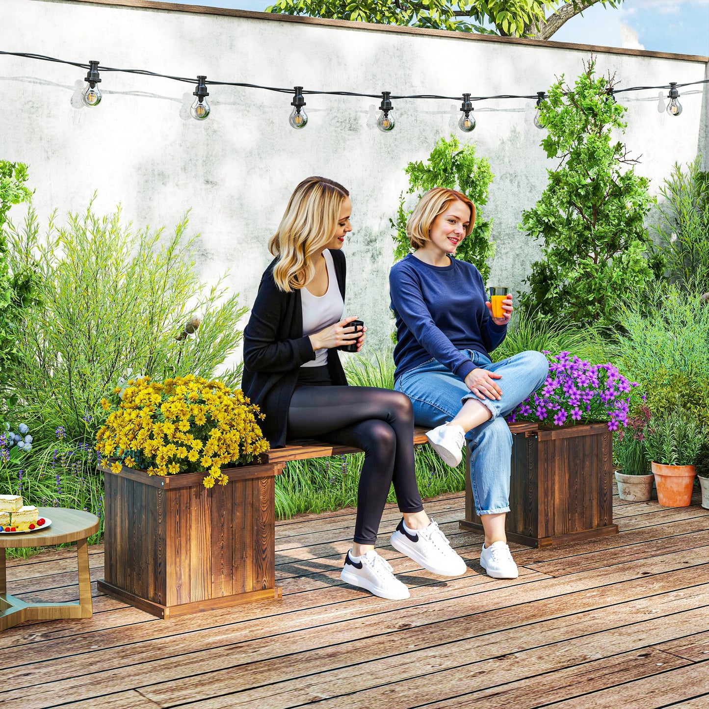 Wooden Garden Planter & Bench Combination Garden Raised Bed Patio Park Carbonised Finish 176 x 38 x 40 cm