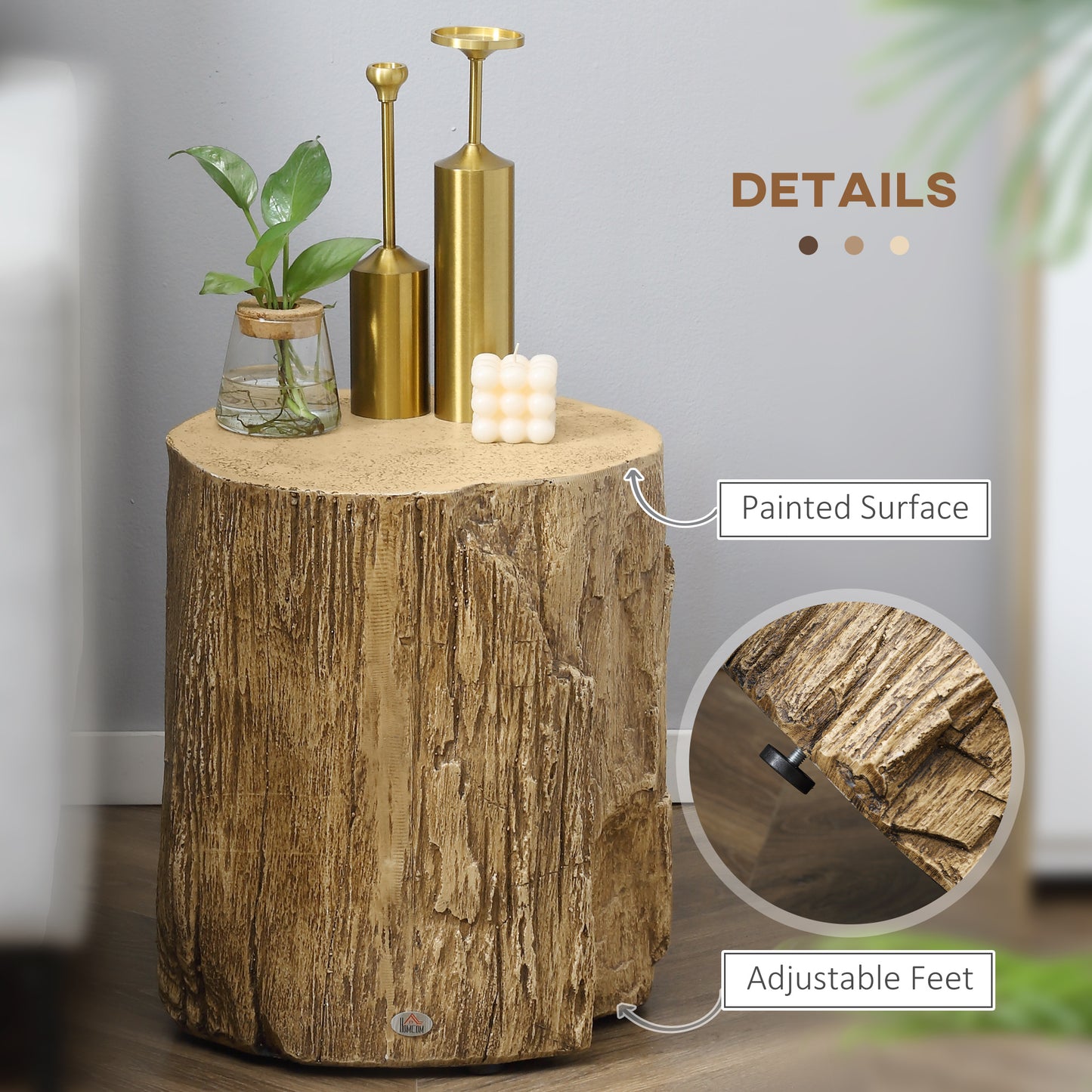 Tree Stump End Table, Round Concrete Side Table for Indoor and Outdoor Use, Natural Wood Effect