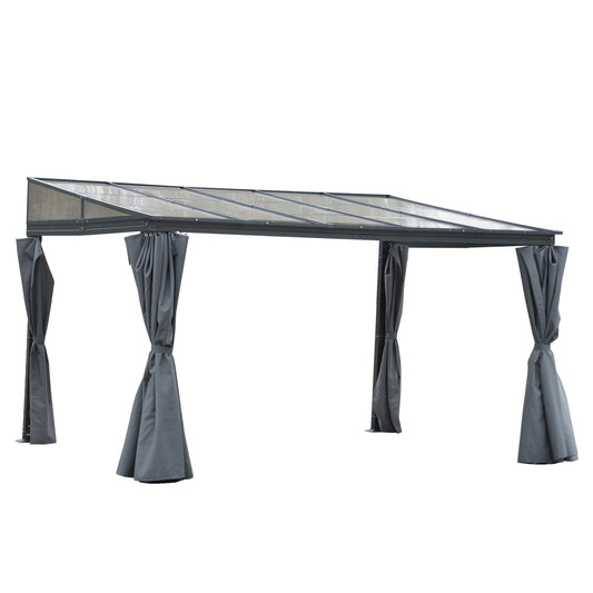 4 x 3(m) Outdoor Hardtop Gazebo with Curtains, Lean to Aluminium Pergola with Polycarbonate Roof