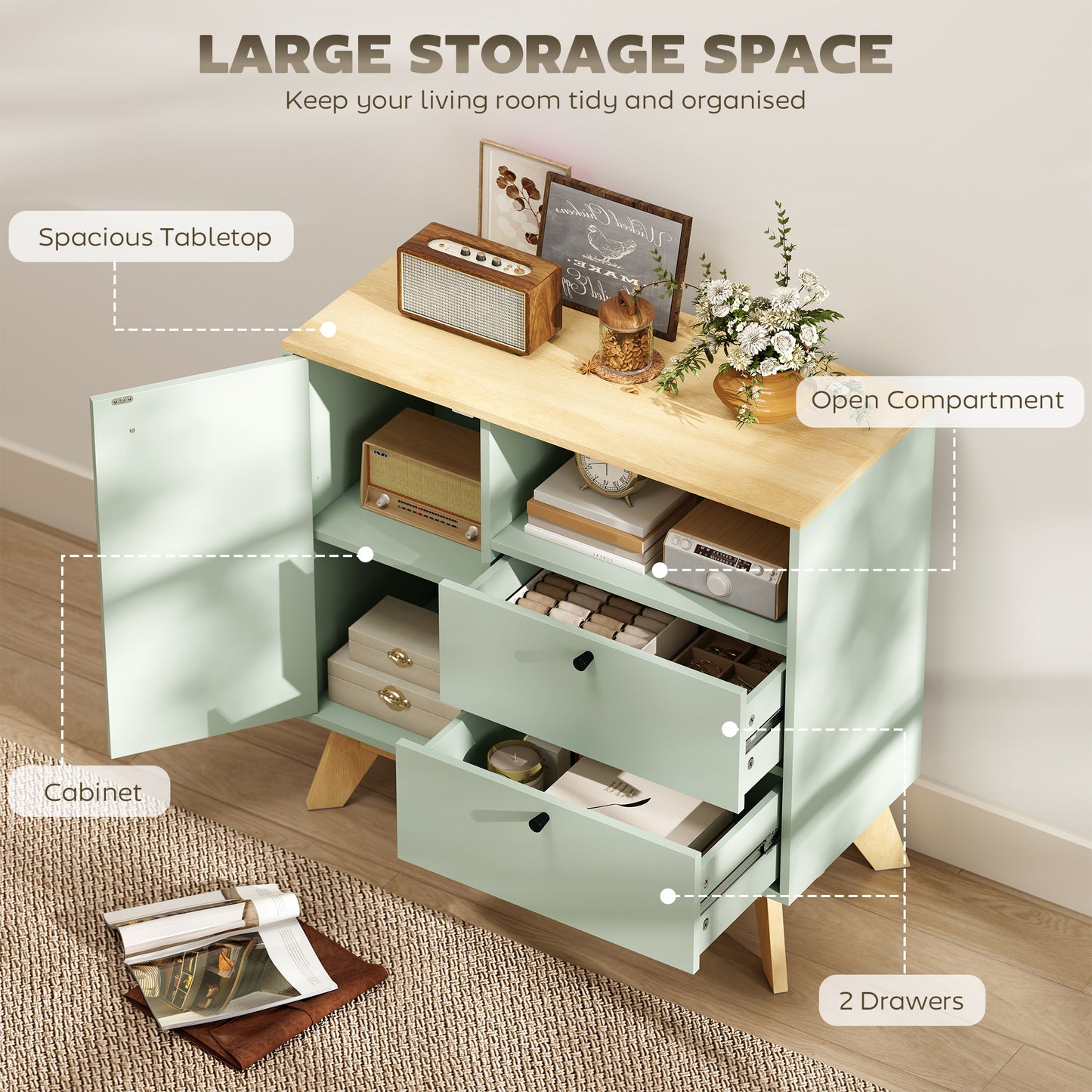 Sideboard Storage Cabinet, 80 cm Buffet Cabinet with 2 Drawers, Open Compartment, Adjustable Shelf, Light Green and Oak