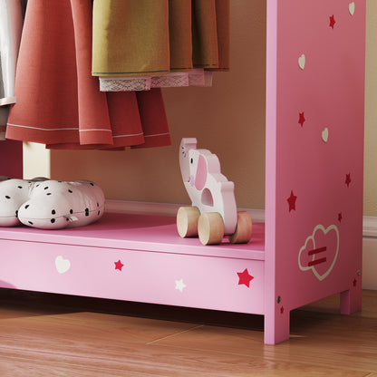 Kids Clothes Rail, Kids Wardrobe with Mirror, Shelves, Fabric Storage and Hooks for Bedroom, Nursery, Pink