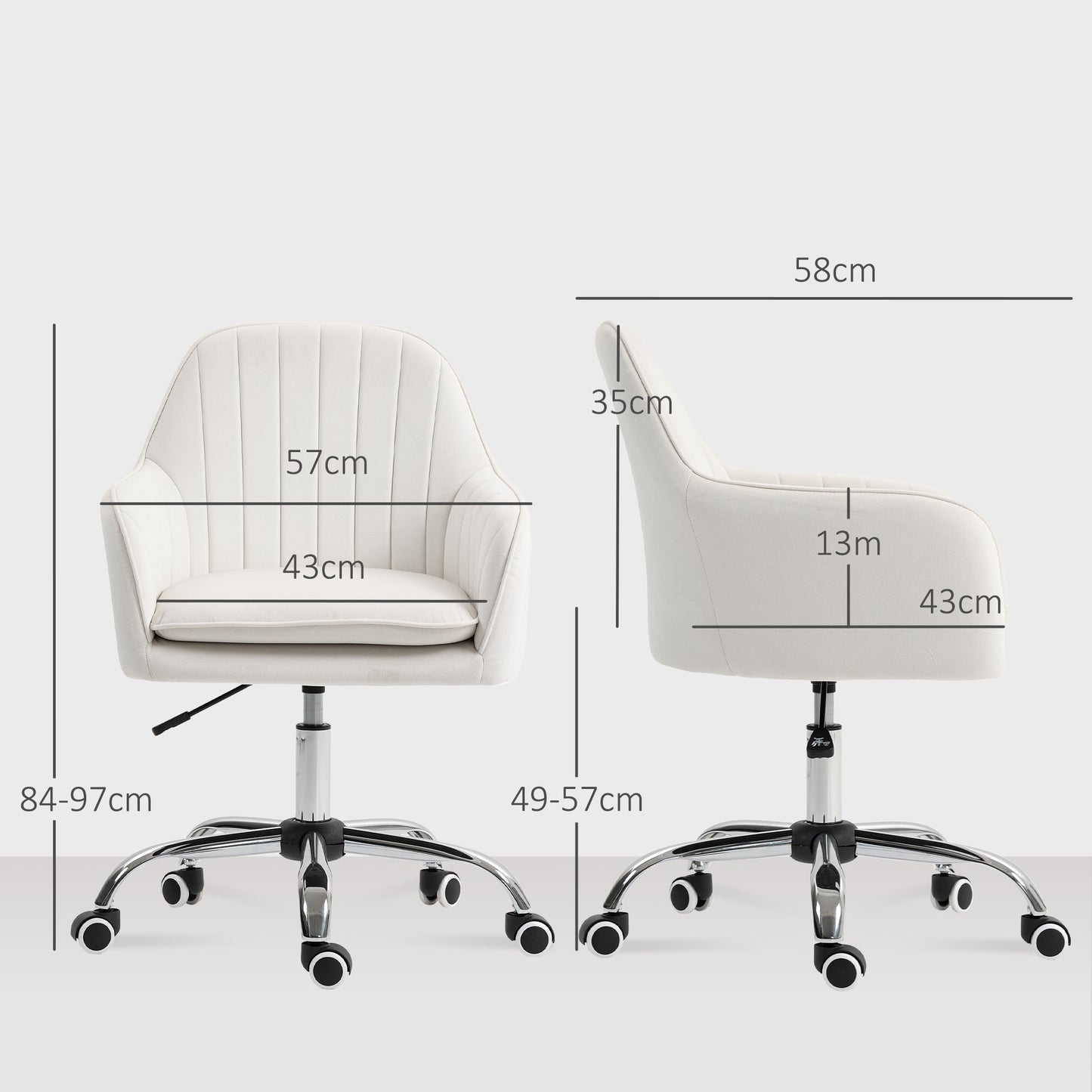 Velvet-Feel Office Chair with Adjustable Height and Wheels - Cream White