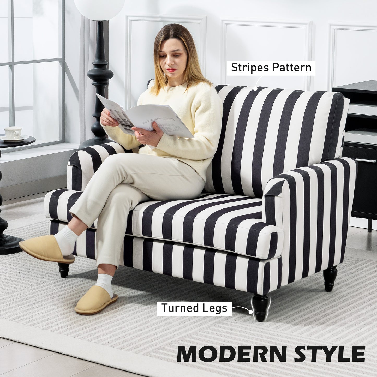 Modern Cuddle Chair, Velvet Single Sofa Armchair with Stripe, Turned Legs and Wide Seat